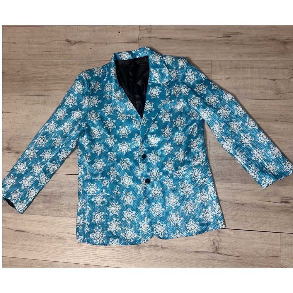 Ugly Christmas Sweater Mens XXL Blue Sequin Snowflake Blazer Holiday Jacket